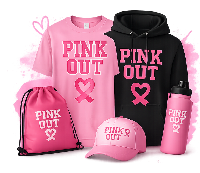 Set of Pink Out branded merch: pink T‑shirt, black hoodie, pink drawstring bag, pink cap, and pink water bottle, all with 'PINK OUT' text and a pink ribbon on a pink splash background.