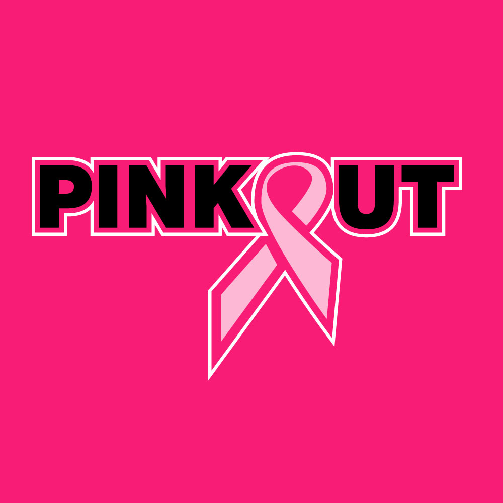 Classic Pink Out breast cancer awareness design featuring a pink ribbon integrated into the "Pink Out" text for custom fundraiser apparel.