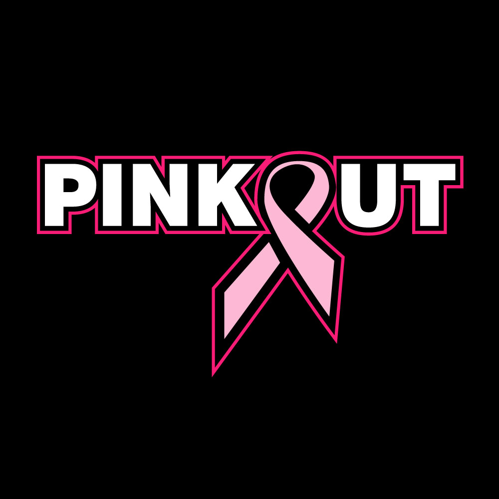 Classic Pink Out breast cancer awareness design featuring a pink ribbon integrated into the "Pink Out" text for custom fundraiser apparel.