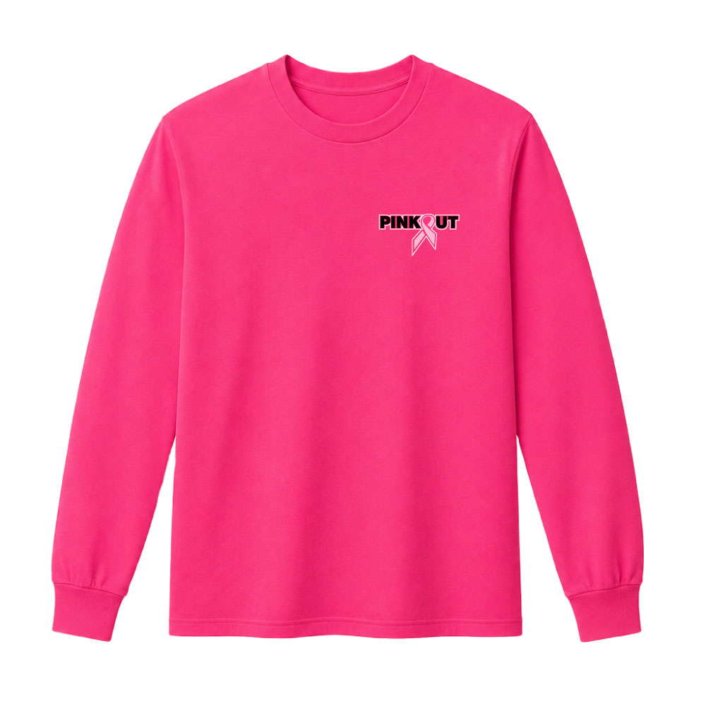 Classic Pink Out breast cancer awareness design featuring a pink ribbon integrated into the "Pink Out" text for custom fundraiser apparel.