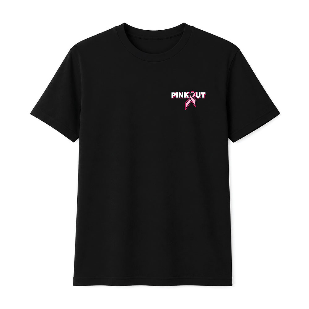 Classic Pink Out breast cancer awareness design featuring a pink ribbon integrated into the "Pink Out" text for custom fundraiser apparel.