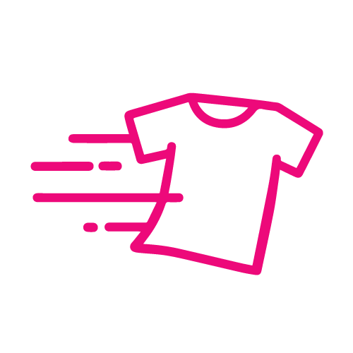 Express shipping icon: pink outline T-shirt with speed lines indicating fast delivery of apparel.