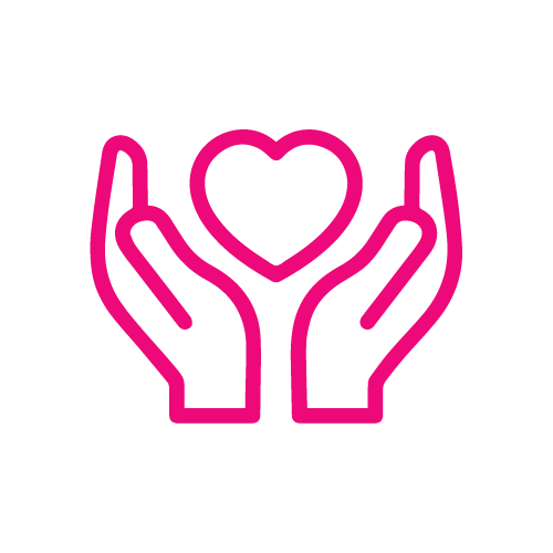 Two pink cupped hands surrounding a heart to convey care and support.