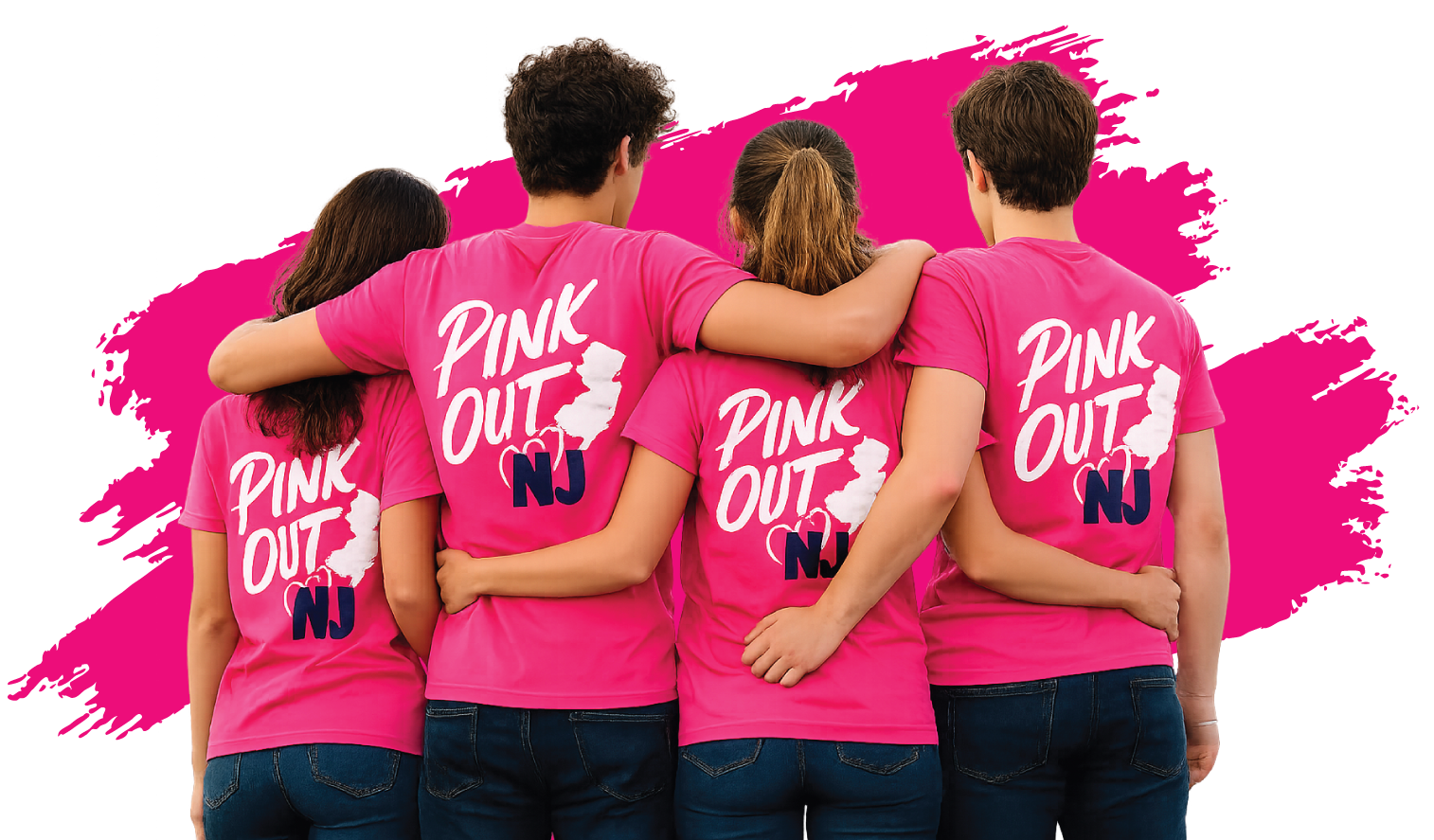 Group of four people wearing matching pink shirts with 'PINK OUT NJ' on their backs, arms around each other in front of a pink paint splash background.
