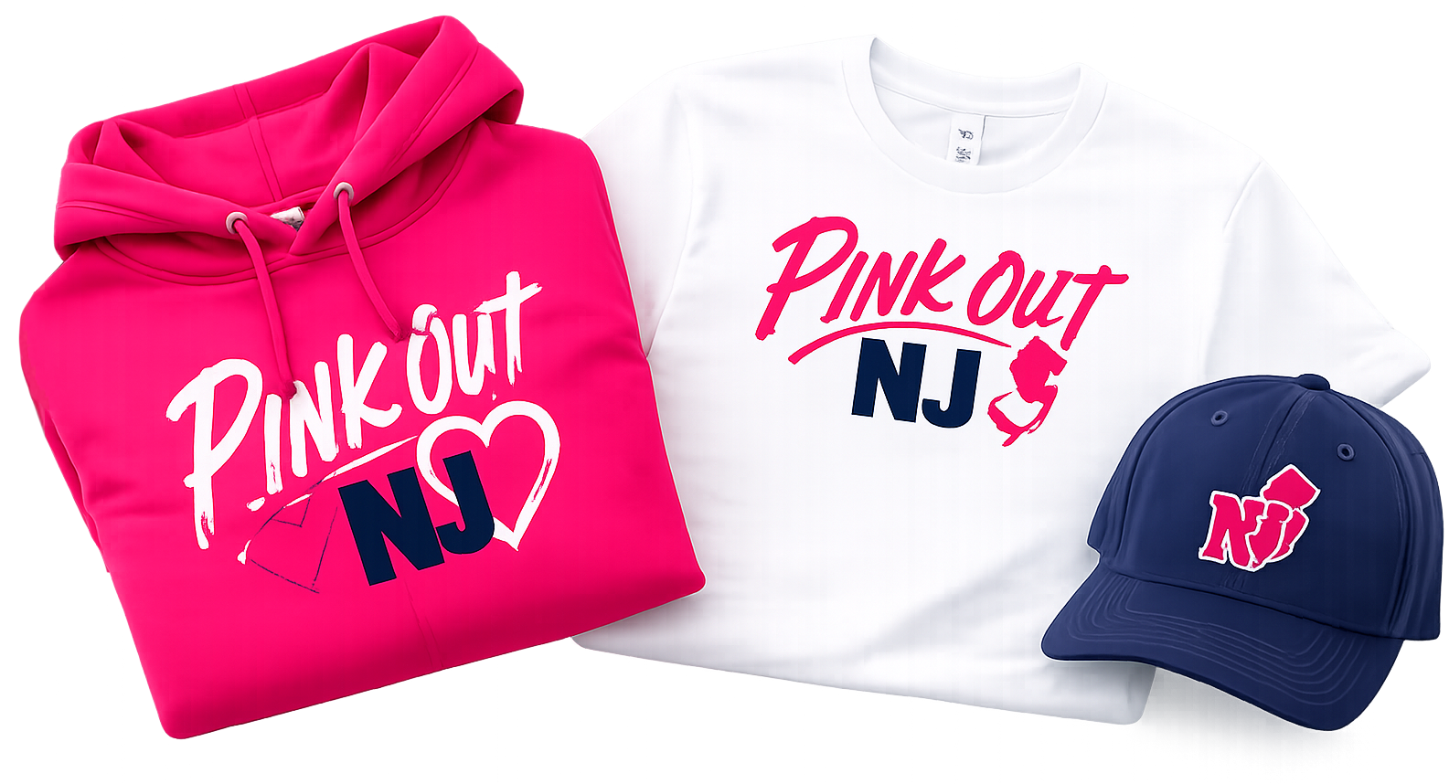 Pink Out NJ promotional clothing: pink hoodie and white Tee with pink 'Pink Out NJ' text and a blue cap with NJ logo displayed together for awareness.