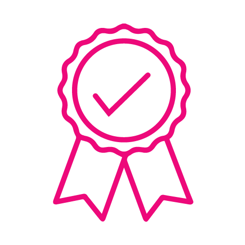 Pink award ribbon icon with a checkmark on a black background, indicating verified or certified status.