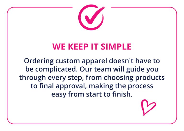 Graphic promoting simple custom apparel ordering with a step-by-step guide; pink border, checkmark logo, and heart accent