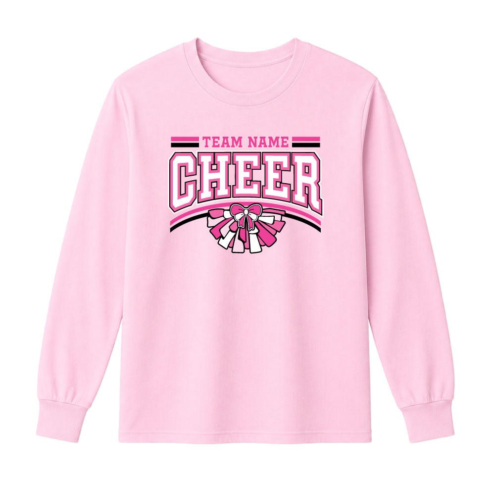 Custom Pink Out cheer shirt design with personalized team name for breast cancer awareness fundraiser.