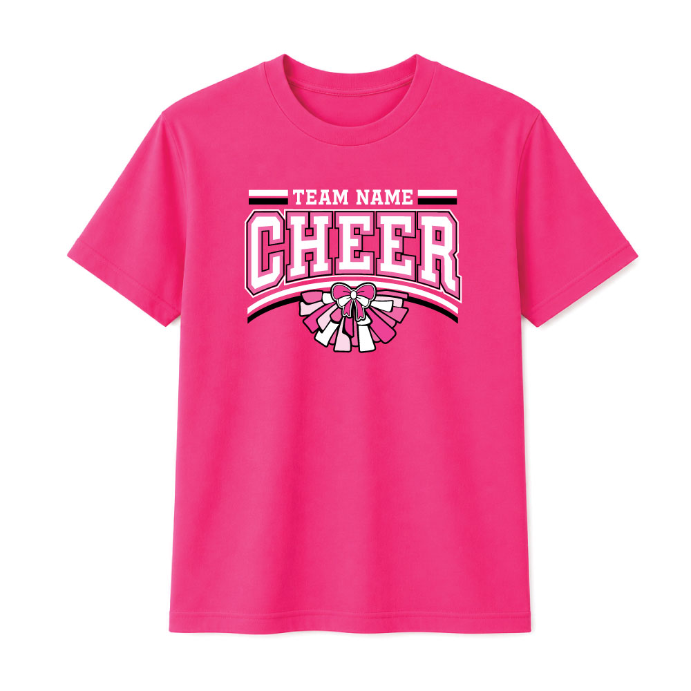 Custom Pink Out cheer shirt design with personalized team name for breast cancer awareness fundraiser.