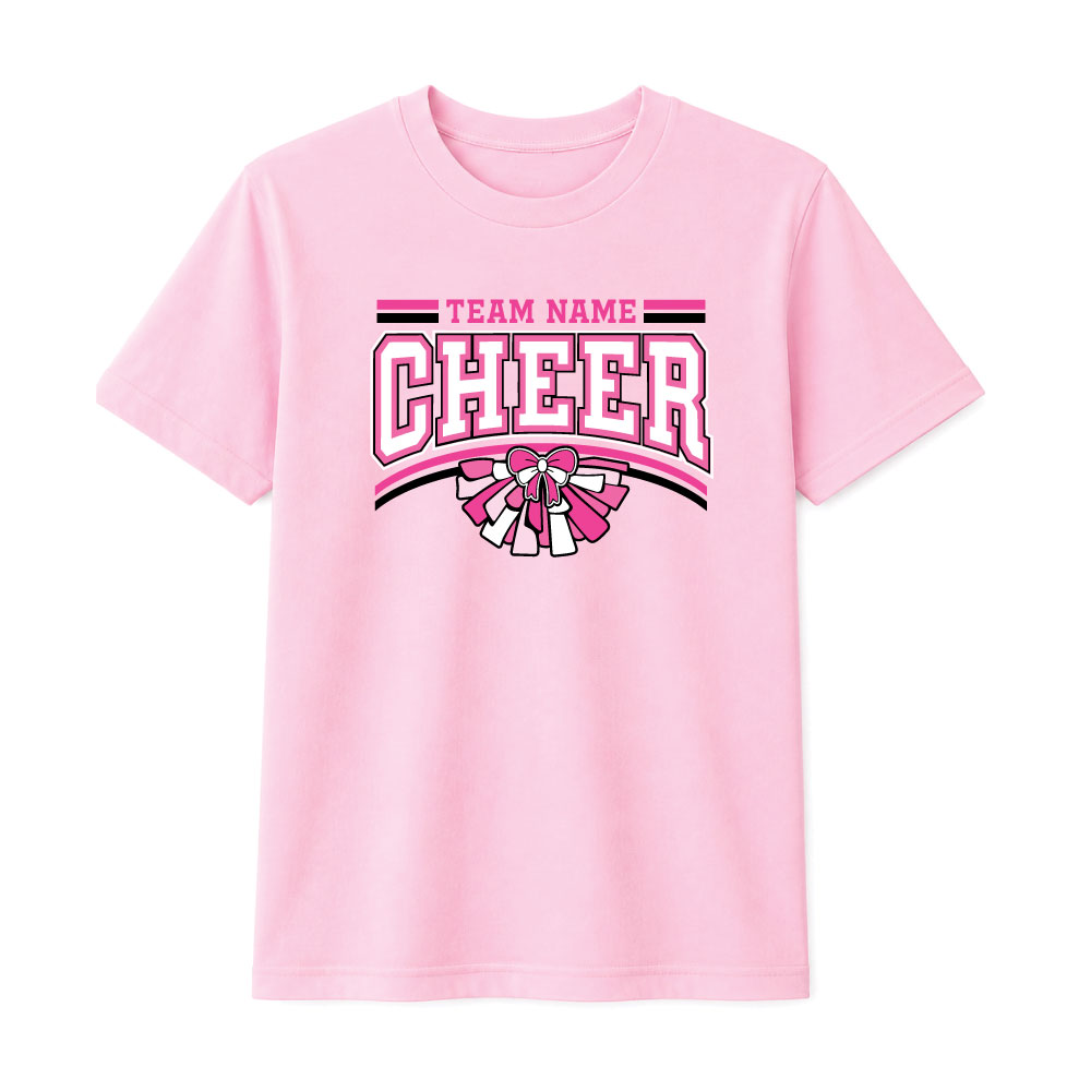 Custom Pink Out cheer shirt design with personalized team name for breast cancer awareness fundraiser.