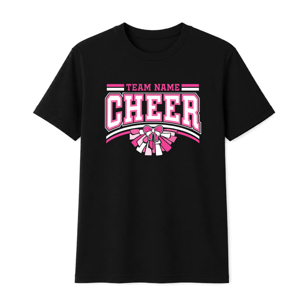 Custom Pink Out cheer shirt design with personalized team name for breast cancer awareness fundraiser.