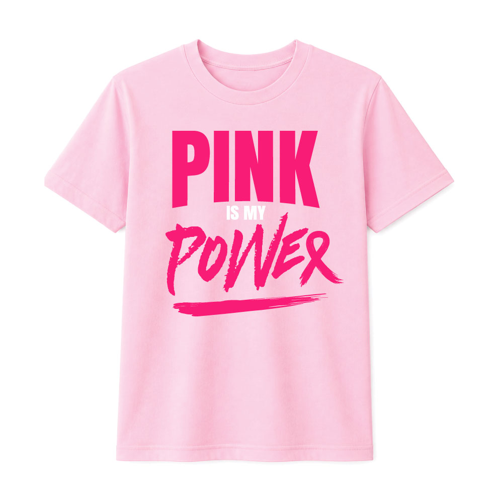 Bold "Pink Is My Power" breast cancer awareness design with modern typography for custom Pink Out shirts and fundraiser apparel.