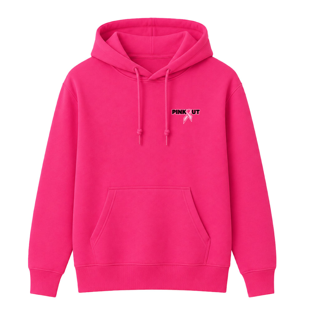 Classic Pink Out breast cancer awareness design featuring a pink ribbon integrated into the "Pink Out" text for custom fundraiser apparel.