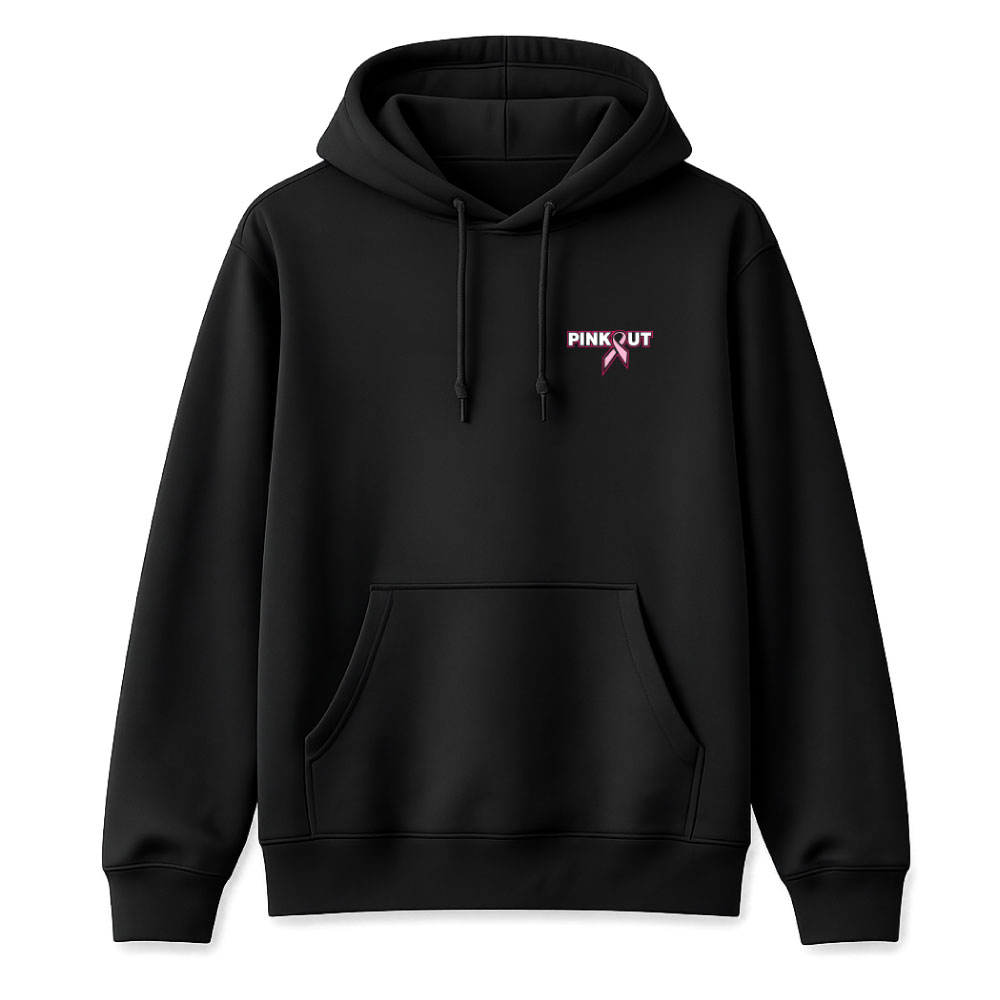 Classic Pink Out breast cancer awareness design featuring a pink ribbon integrated into the "Pink Out" text for custom fundraiser apparel.