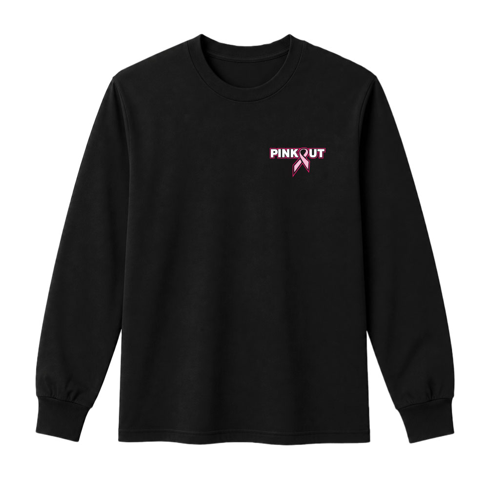 Black long-sleeve shirt with a small pink ribbon and 'PINK OUT' logo on the left chest.