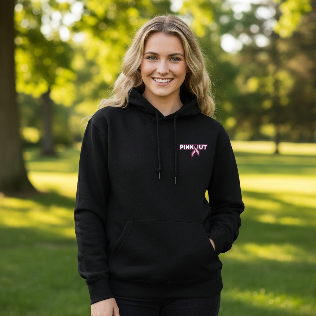 Classic Pink Out breast cancer awareness design featuring a pink ribbon integrated into the "Pink Out" text for custom fundraiser apparel.