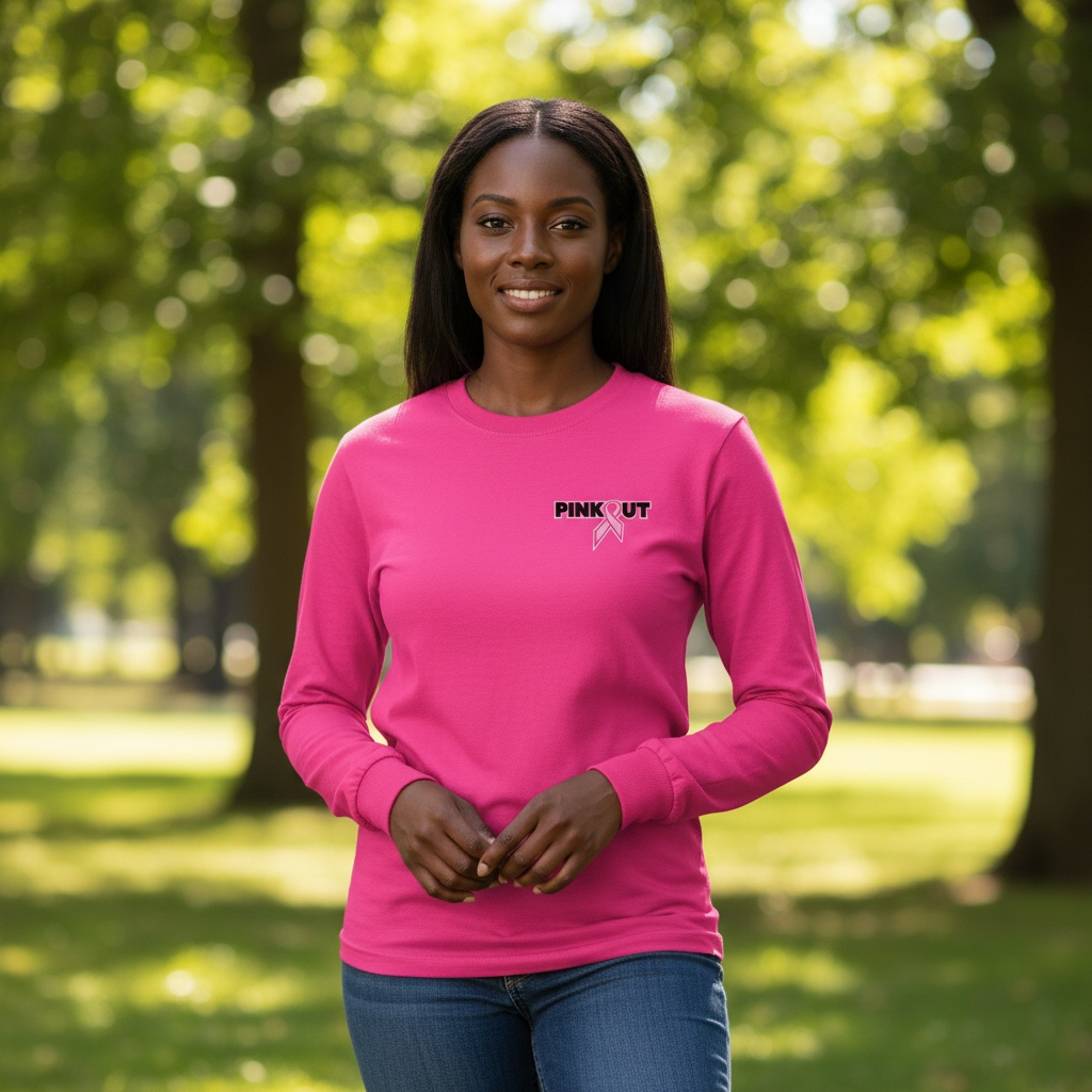 Classic Pink Out breast cancer awareness design featuring a pink ribbon integrated into the "Pink Out" text for custom fundraiser apparel.