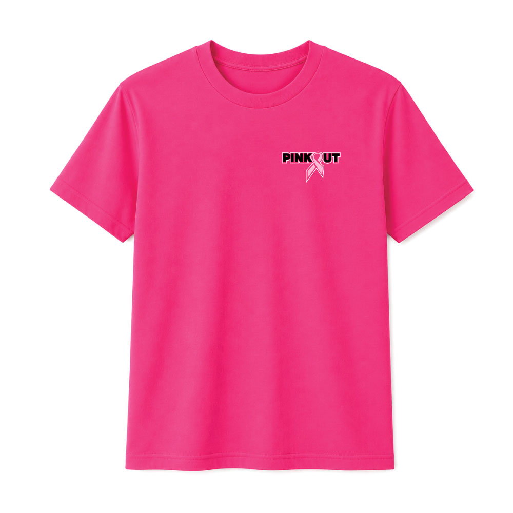 Classic Pink Out breast cancer awareness design featuring a pink ribbon integrated into the "Pink Out" text for custom fundraiser apparel.