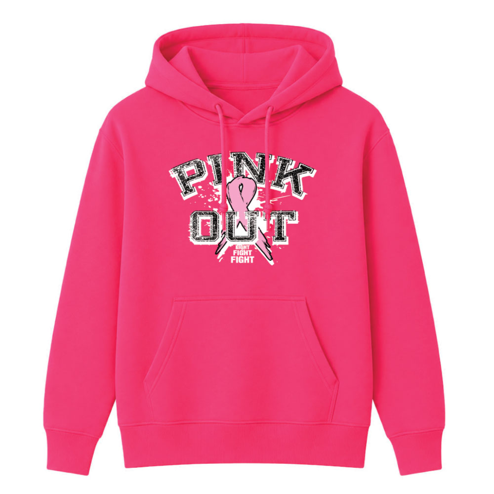 Bright pink hoodie with 'PINK OUT' graphic and pink ribbon on chest, front pocket visible.