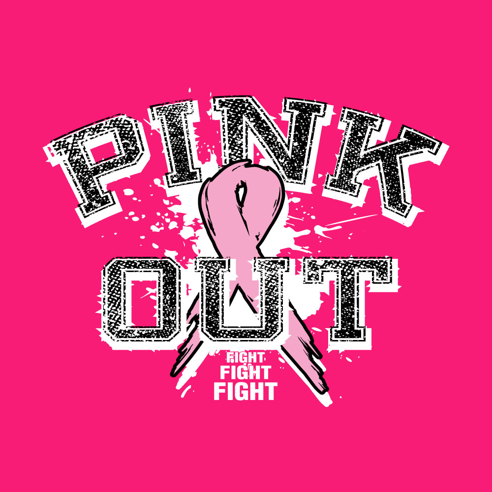 Distressed "Pink Out" breast cancer awareness design featuring a pink ribbon and "Fight Fight Fight" slogan for custom fundraiser shirts and Pink Out events.