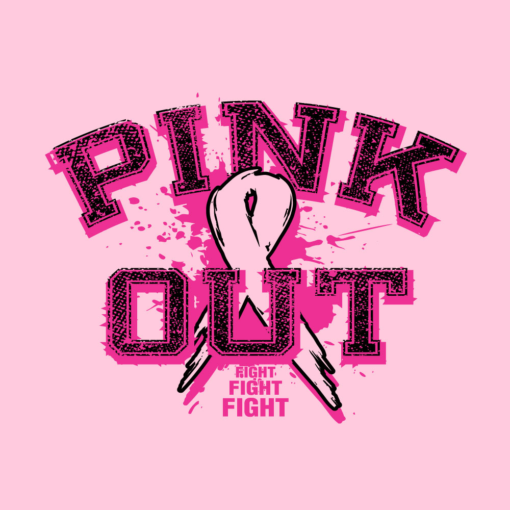 Distressed "Pink Out" breast cancer awareness design featuring a pink ribbon and "Fight Fight Fight" slogan for custom fundraiser shirts and Pink Out events.