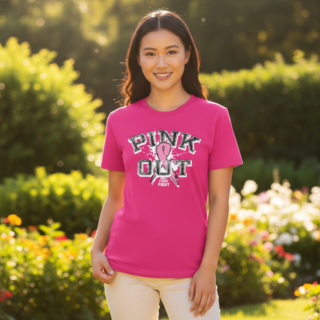 Distressed "Pink Out" breast cancer awareness design featuring a pink ribbon and "Fight Fight Fight" slogan for custom fundraiser shirts and Pink Out events.