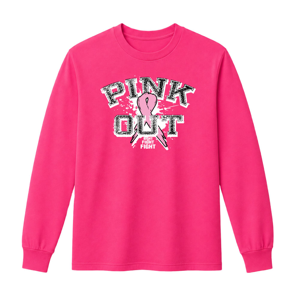 Distressed "Pink Out" breast cancer awareness design featuring a pink ribbon and "Fight Fight Fight" slogan for custom fundraiser shirts and Pink Out events.