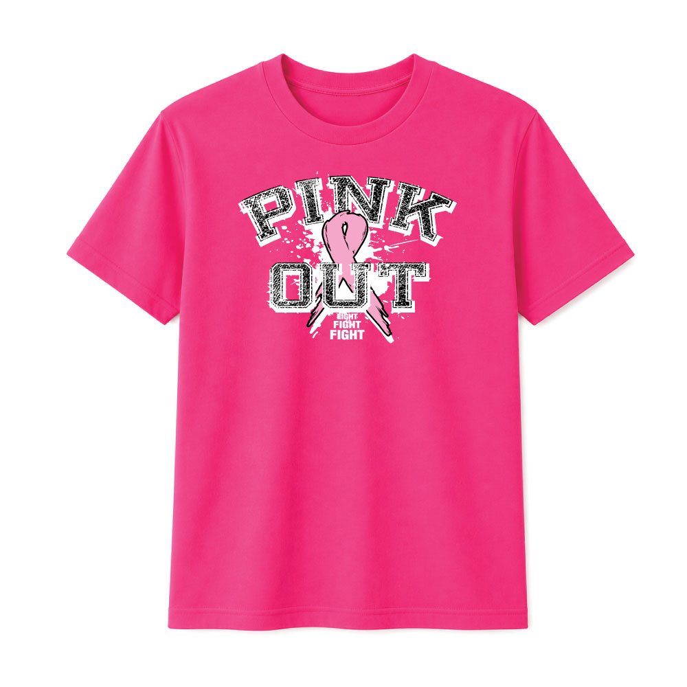 Distressed "Pink Out" breast cancer awareness design featuring a pink ribbon and "Fight Fight Fight" slogan for custom fundraiser shirts and Pink Out events.