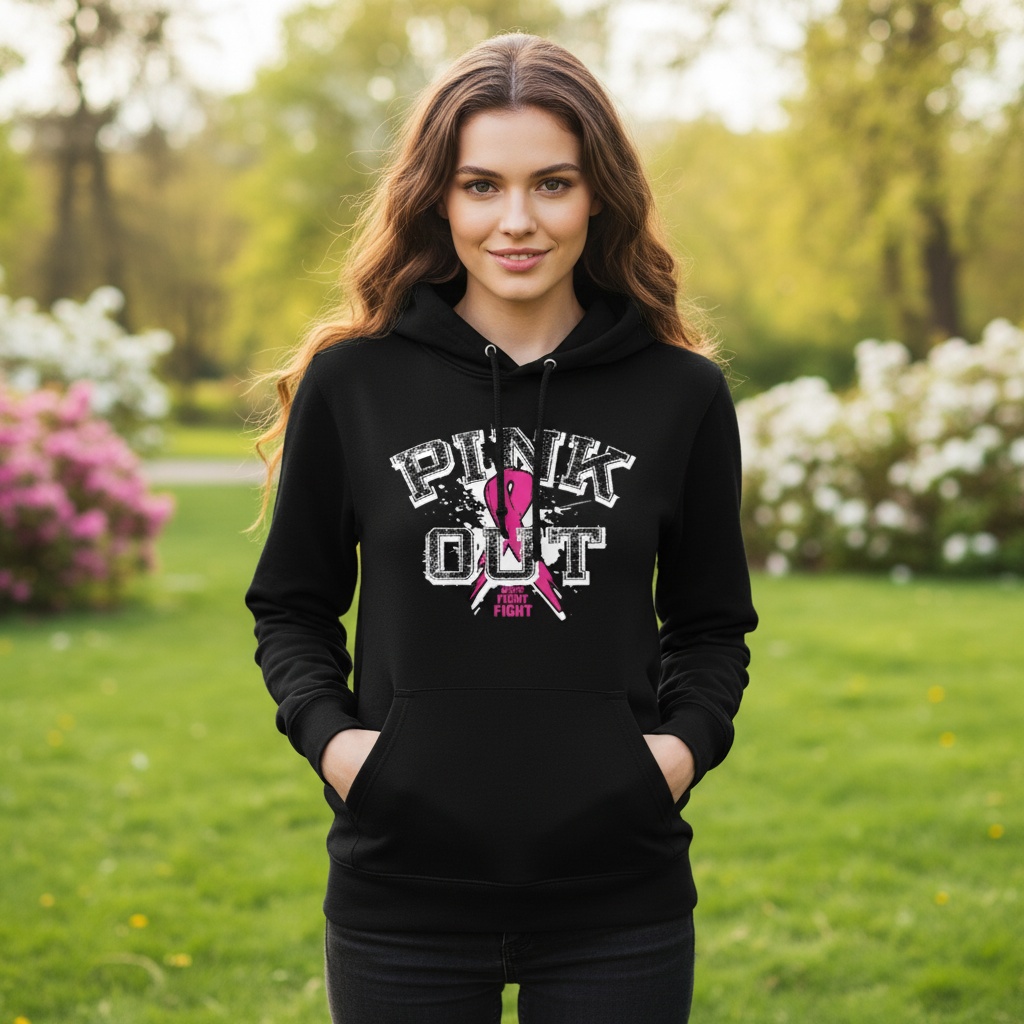 Distressed "Pink Out" breast cancer awareness design featuring a pink ribbon and "Fight Fight Fight" slogan for custom fundraiser shirts and Pink Out events.