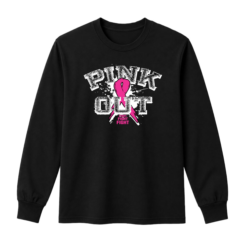 Distressed "Pink Out" breast cancer awareness design featuring a pink ribbon and "Fight Fight Fight" slogan for custom fundraiser shirts and Pink Out events.