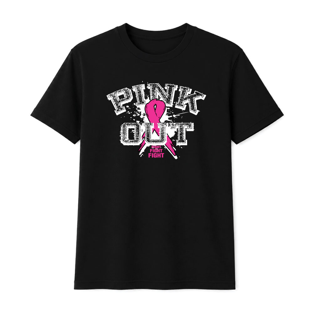 Distressed "Pink Out" breast cancer awareness design featuring a pink ribbon and "Fight Fight Fight" slogan for custom fundraiser shirts and Pink Out events.
