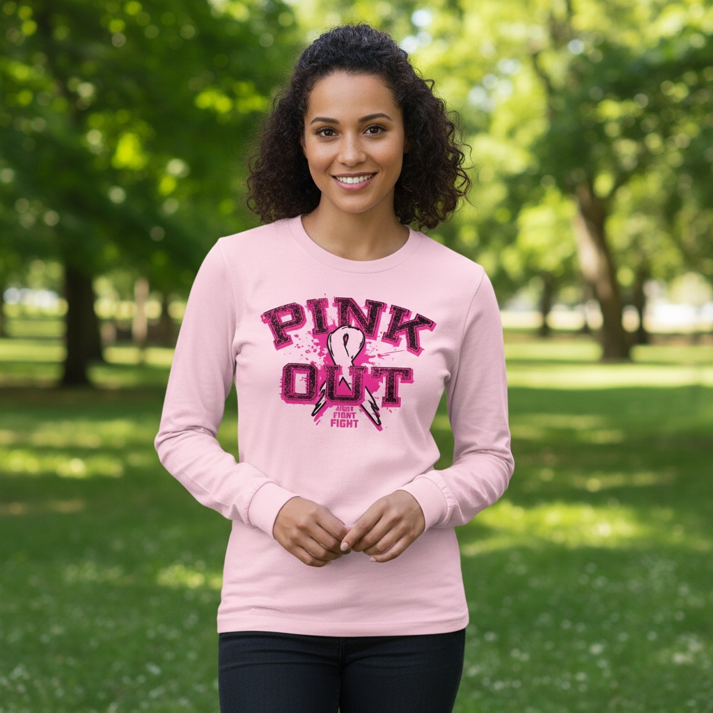 Distressed "Pink Out" breast cancer awareness design featuring a pink ribbon and "Fight Fight Fight" slogan for custom fundraiser shirts and Pink Out events.