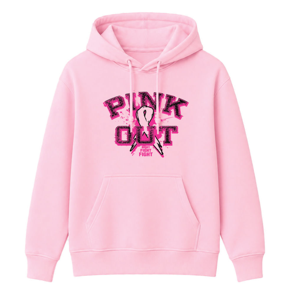Distressed "Pink Out" breast cancer awareness design featuring a pink ribbon and "Fight Fight Fight" slogan for custom fundraiser shirts and Pink Out events.
