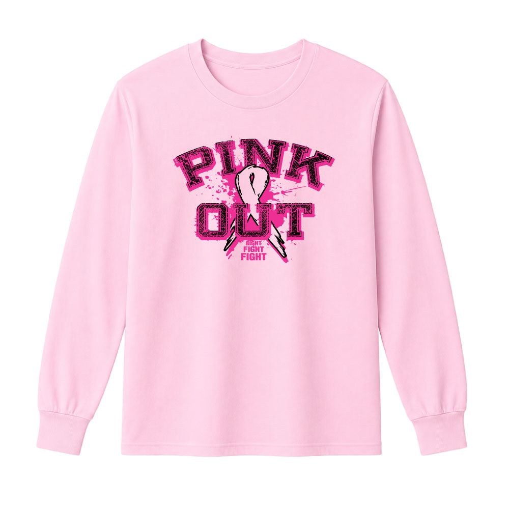 Pink long-sleeve shirt featuring a bold 'PINK OUT' graphic with a pink ribbon and splatter accents on the chest.