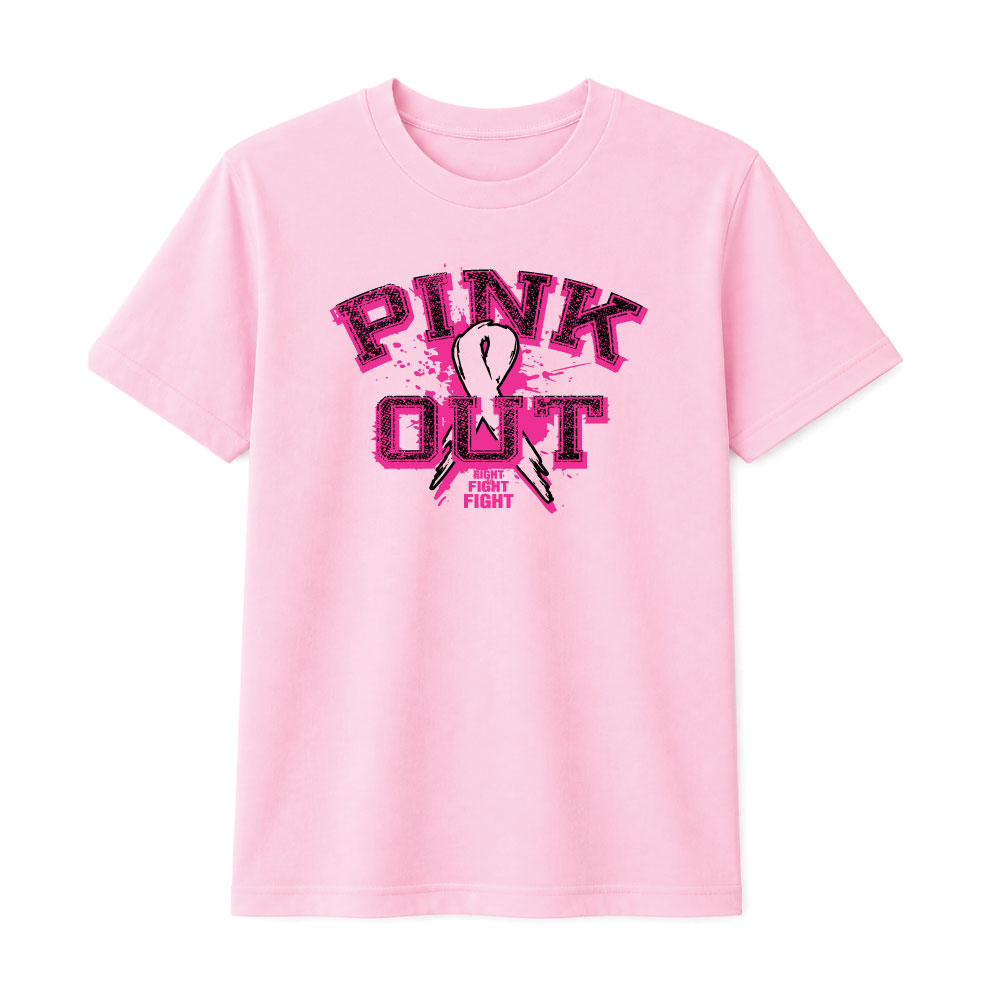 Distressed "Pink Out" breast cancer awareness design featuring a pink ribbon and "Fight Fight Fight" slogan for custom fundraiser shirts and Pink Out events.