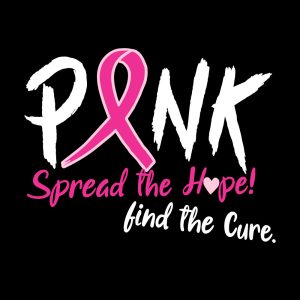 Pink breast cancer awareness shirt design featuring a pink ribbon with the message "Spread the Hope! Find the Cure."