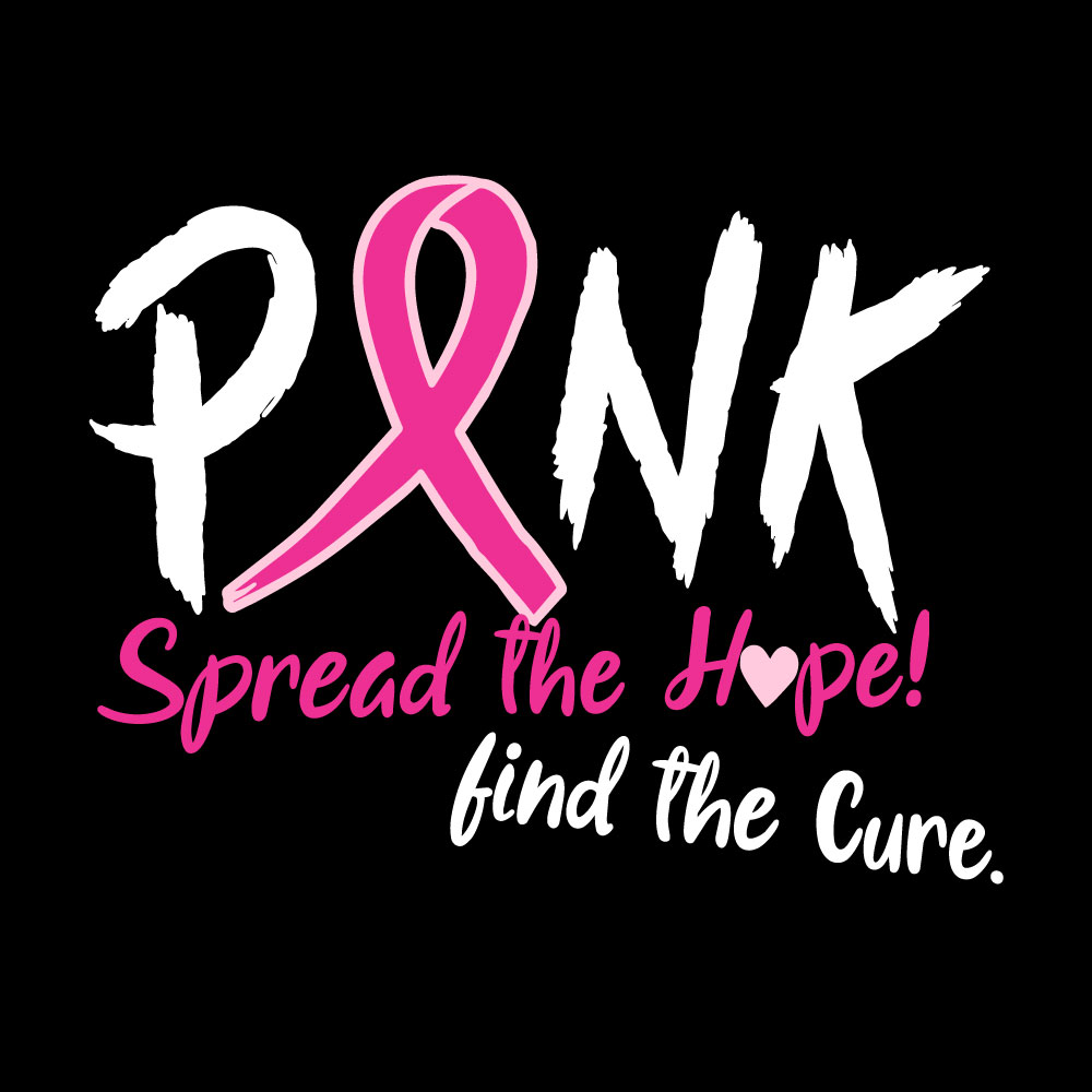 Pink breast cancer awareness shirt design featuring a pink ribbon with the message "Spread the Hope! Find the Cure."