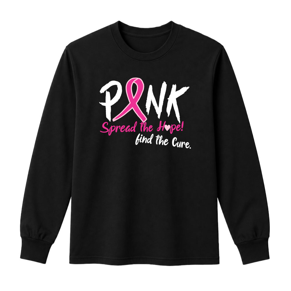 Pink breast cancer awareness shirt design featuring a pink ribbon with the message "Spread the Hope! Find the Cure."