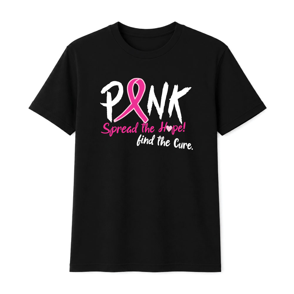 Pink breast cancer awareness shirt design featuring a pink ribbon with the message "Spread the Hope! Find the Cure."
