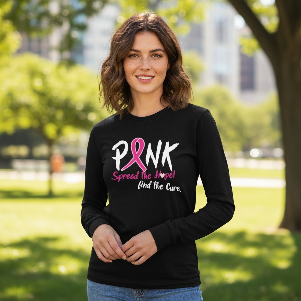 Pink breast cancer awareness shirt design featuring a pink ribbon with the message "Spread the Hope! Find the Cure."