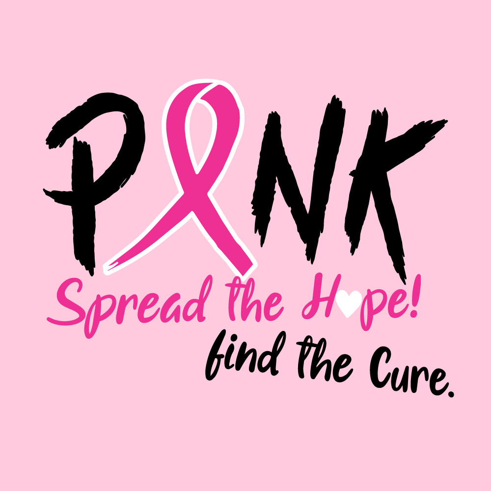 Pink breast cancer awareness shirt design featuring a pink ribbon with the message "Spread the Hope! Find the Cure."