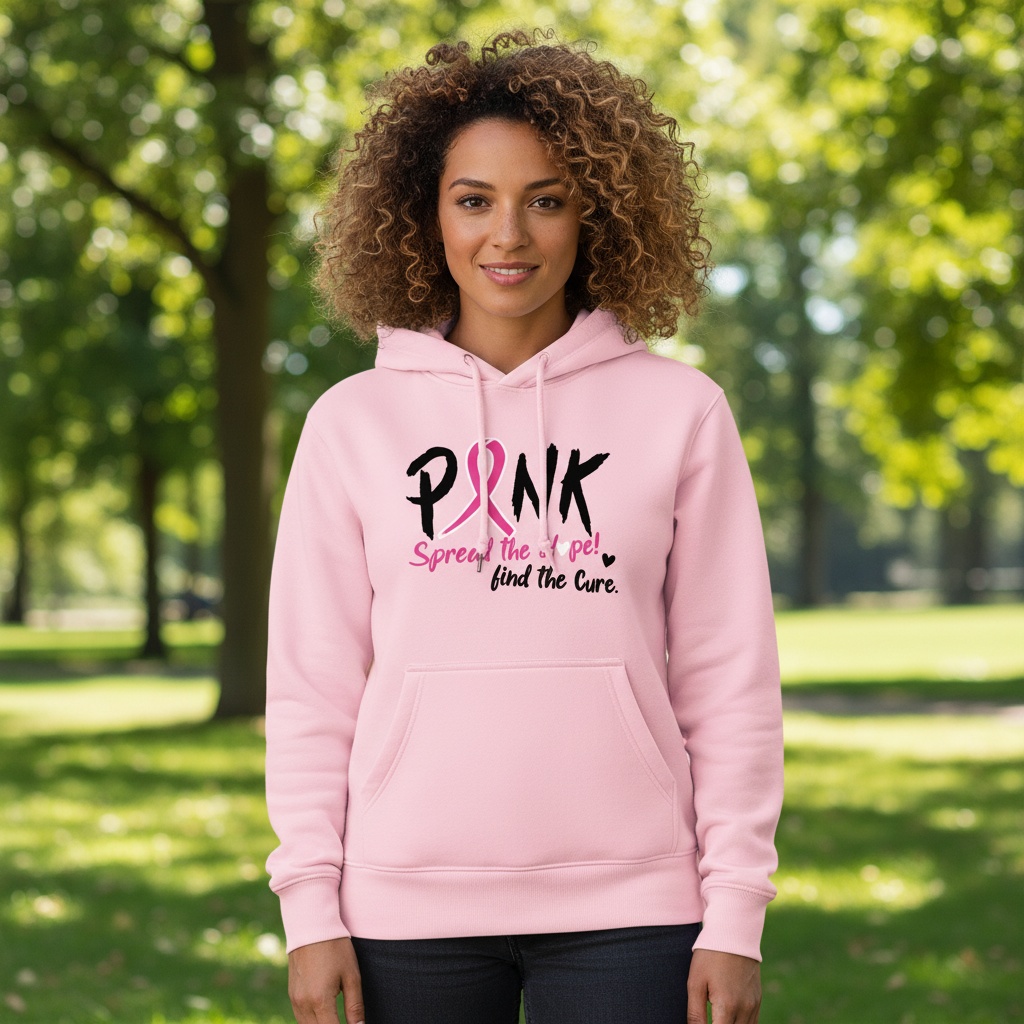 Pink breast cancer awareness shirt design featuring a pink ribbon with the message "Spread the Hope! Find the Cure."