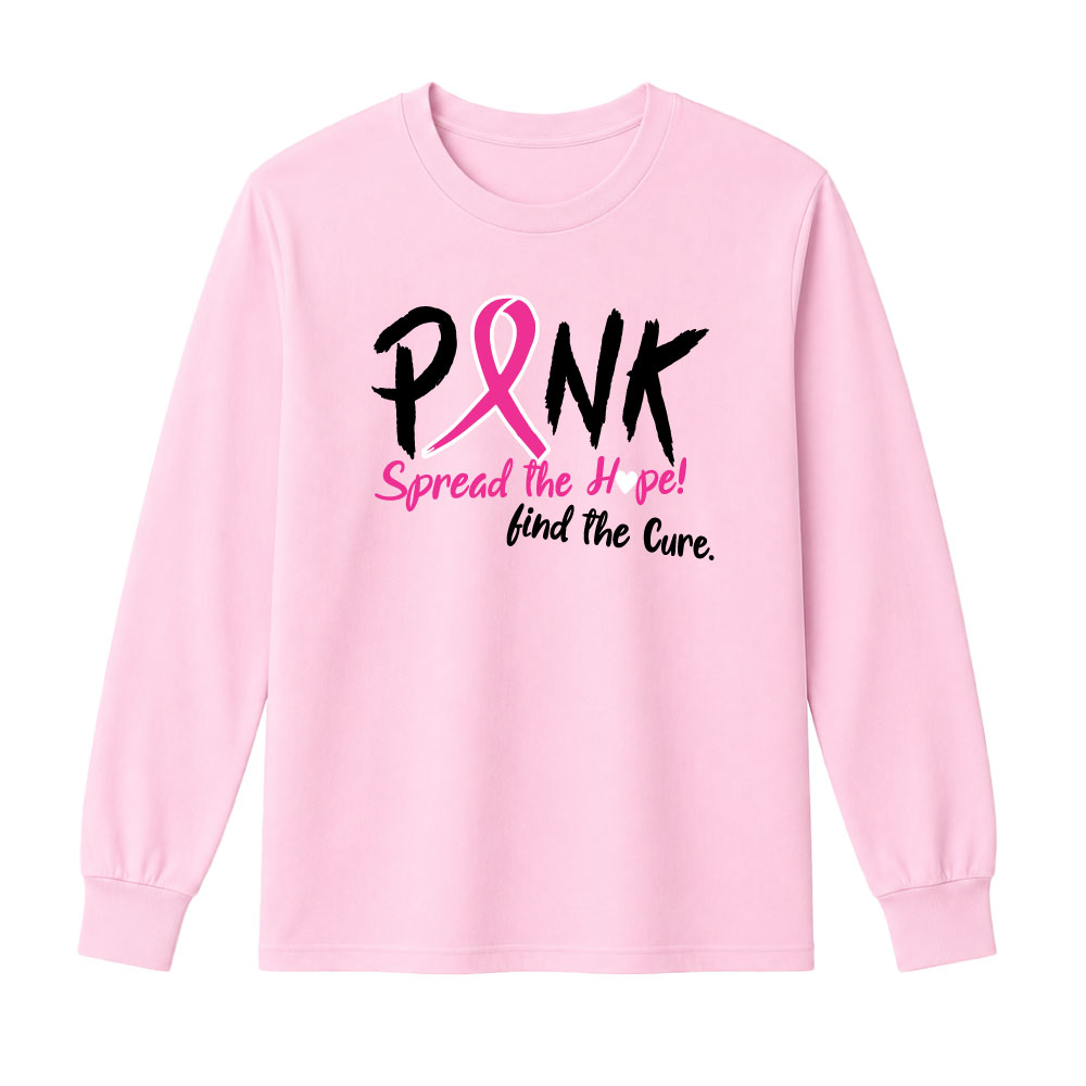 Pink breast cancer awareness shirt design featuring a pink ribbon with the message "Spread the Hope! Find the Cure."