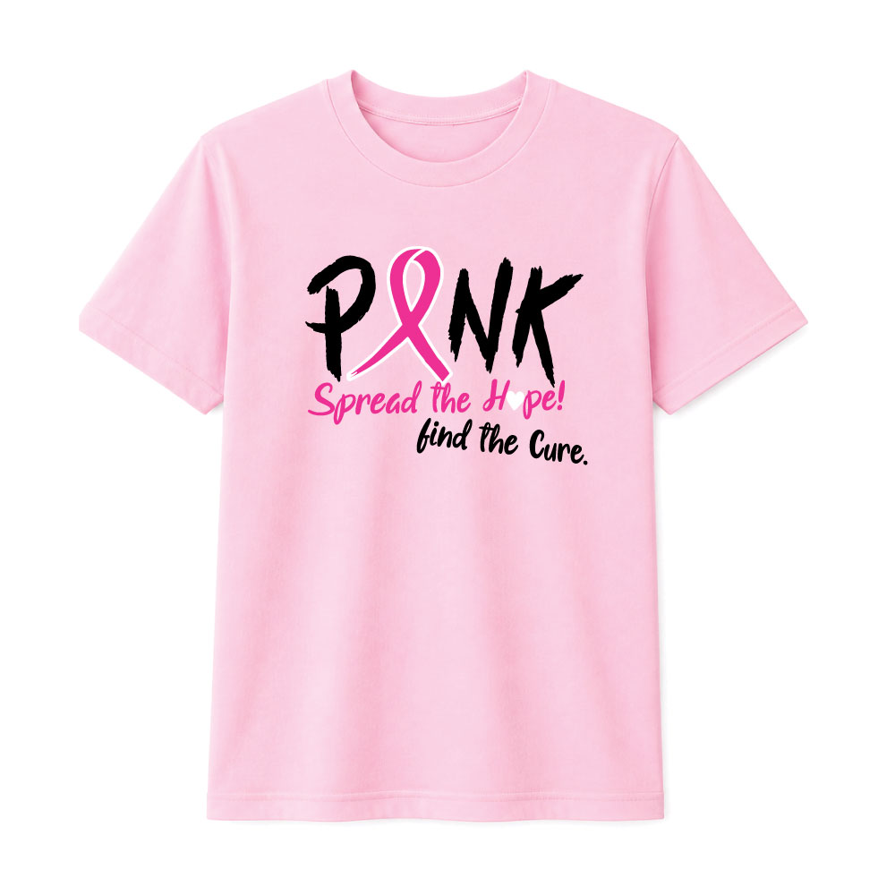 Pink breast cancer awareness shirt design featuring a pink ribbon with the message "Spread the Hope! Find the Cure."