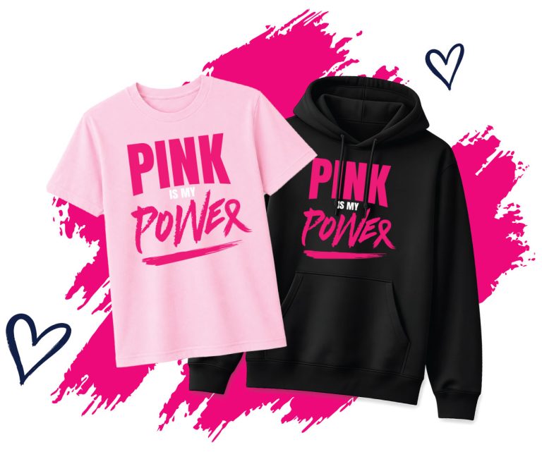 Pink T-shirt and black hoodie both feature the bold 'PINK IS MY POWER' slogan on a pink brushstroke background.
