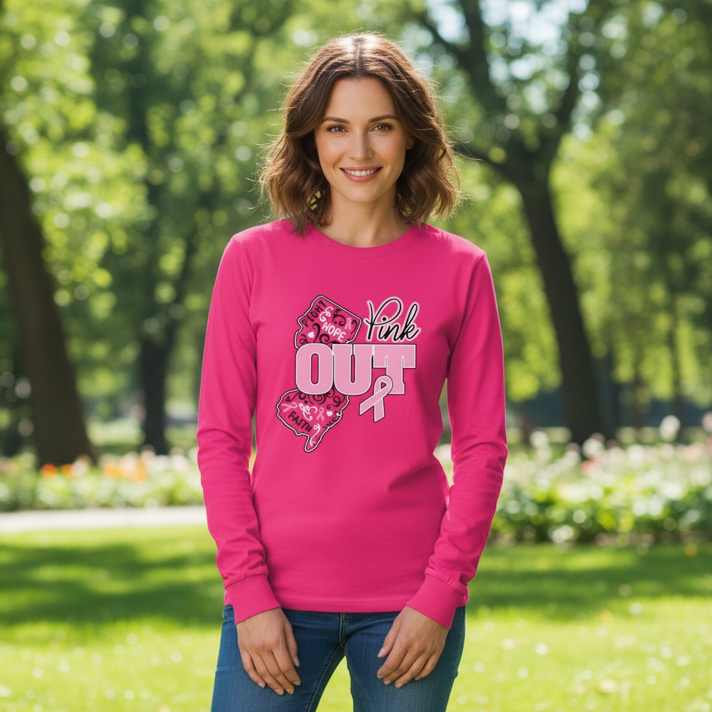 Custom New Jersey Pink Out breast cancer awareness shirt design featuring the state of New Jersey, a pink ribbon, inspirational words, and a customizable school name.