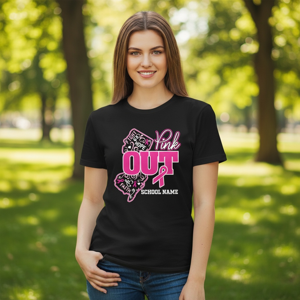 Custom New Jersey Pink Out breast cancer awareness shirt design featuring the state of New Jersey, a pink ribbon, inspirational words, and a customizable school name.