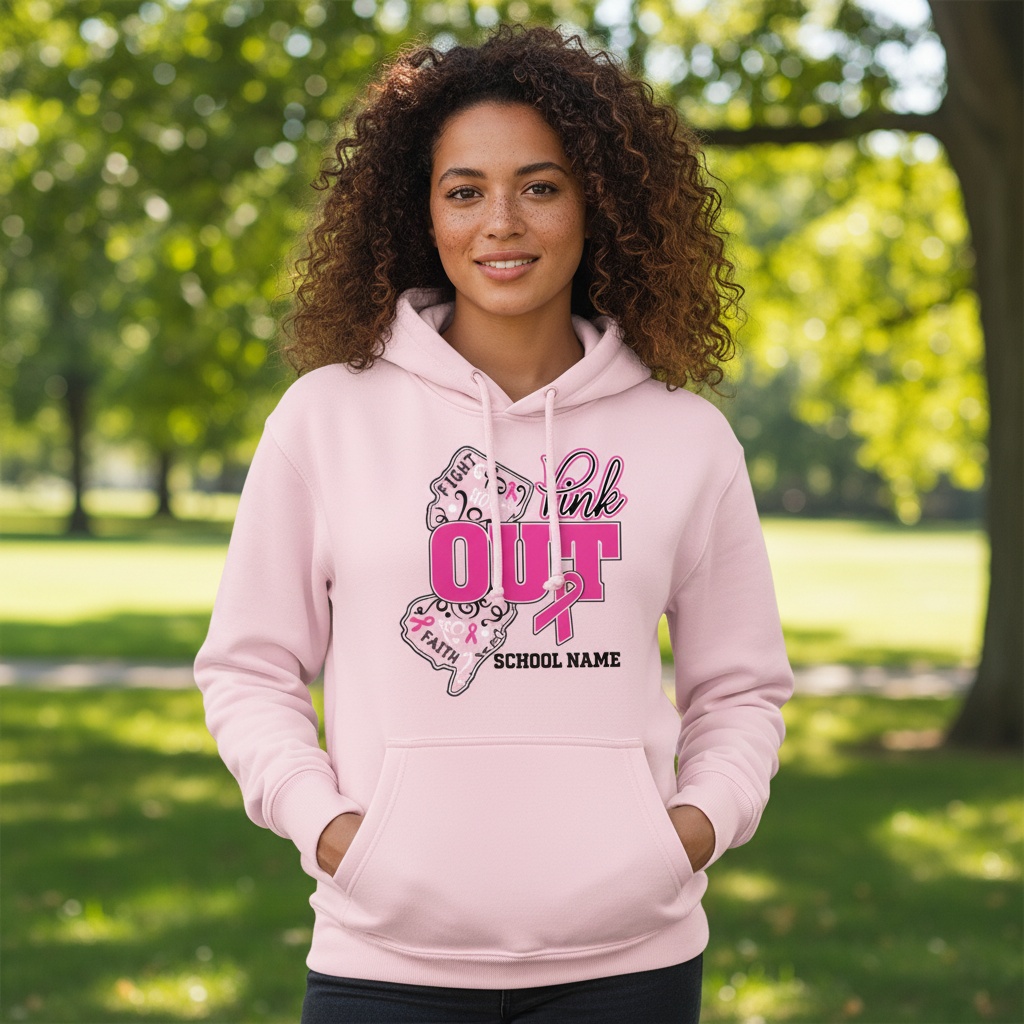 Custom New Jersey Pink Out breast cancer awareness shirt design featuring the state of New Jersey, a pink ribbon, inspirational words, and a customizable school name.