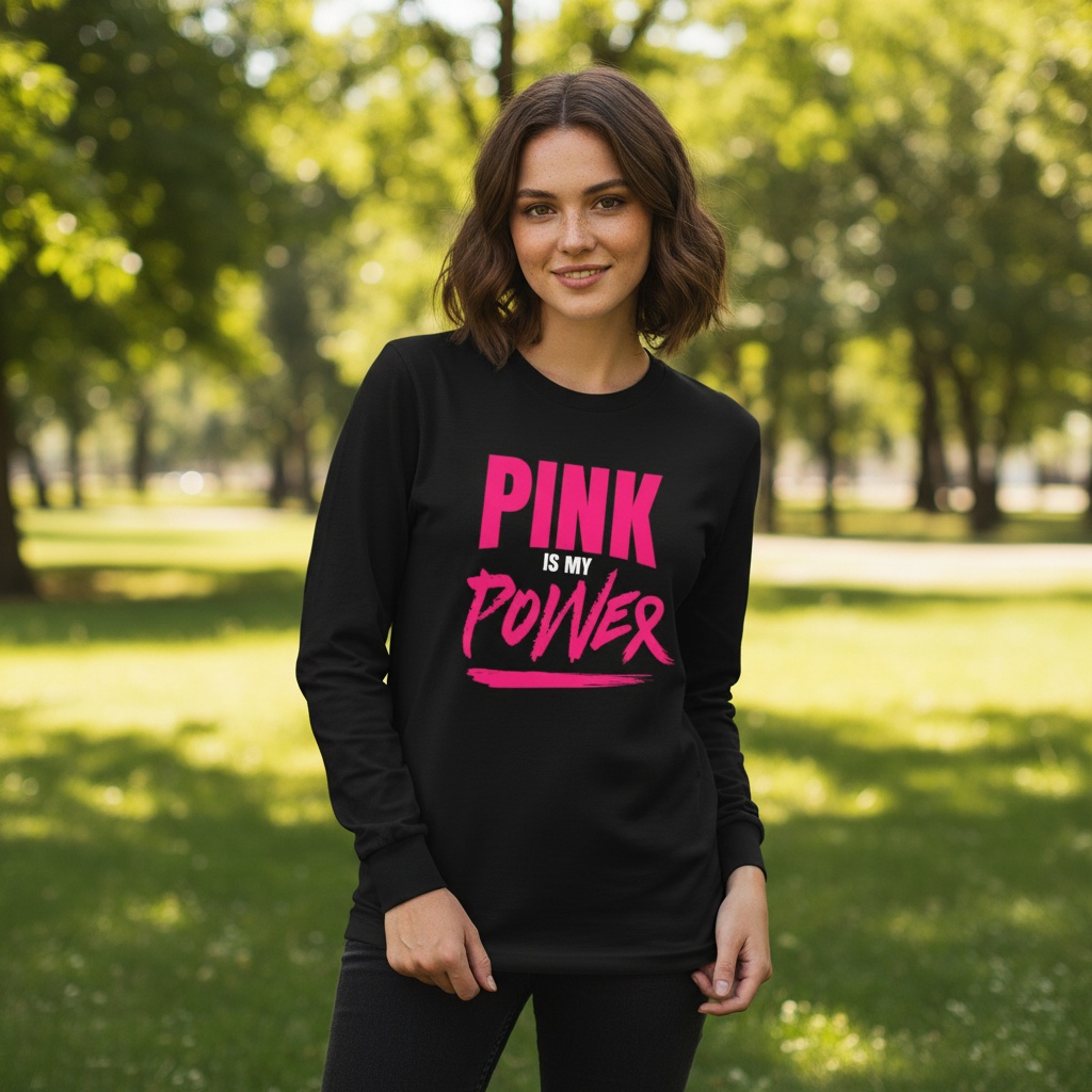 Bold "Pink Is My Power" breast cancer awareness design with modern typography for custom Pink Out shirts and fundraiser apparel.