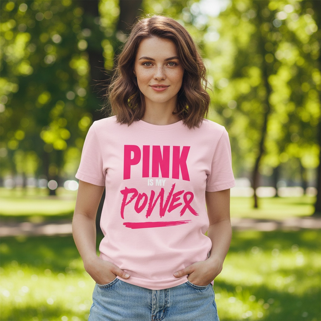 Woman in a pink t-shirt that reads 'PINK IS MY POWER' standing in a sunlit park.